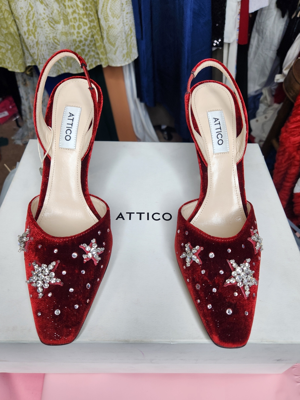 The Attico Red Velvet Crystal Star Slingback Heels